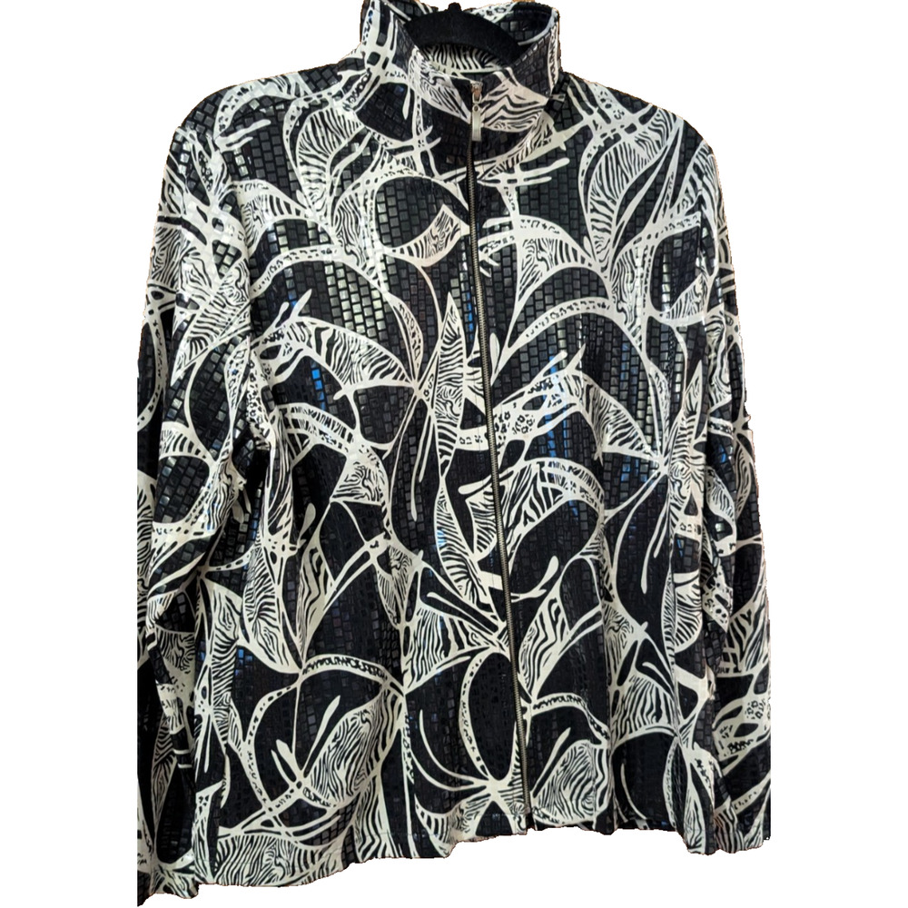 MISOOK Paillettes t Black & White Abstract Jacket Full zip LARGE‎ EUC